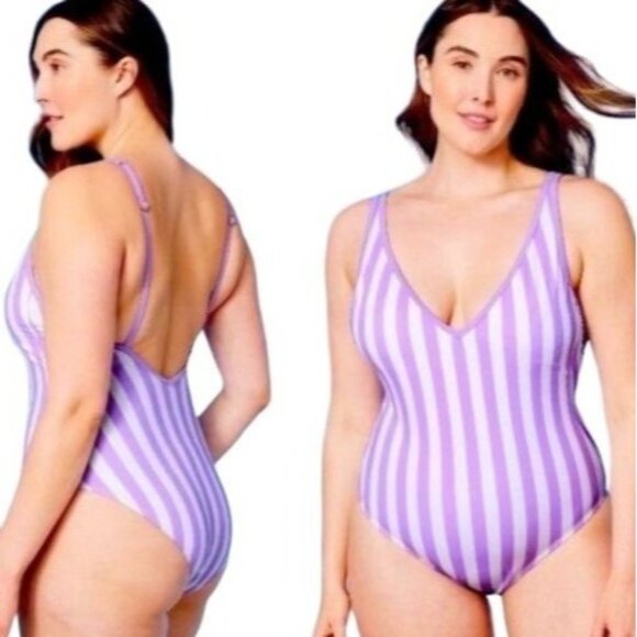 Kona Sol Plus One Piece Purple Stripe Print V-Neck High Leg Swim Suit 24W Plus - Picture 1 of 10